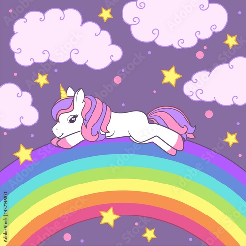The unicorn lies on the rainbow against the background of the starry sky. Colorful vector illustration for cards, books, t-shirts © tiena
