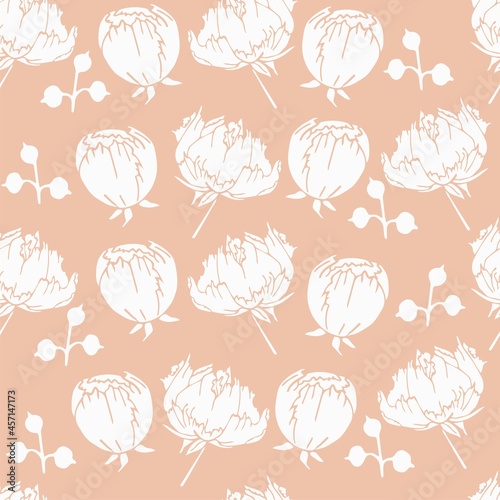 White flowers seamless pattern on beige background