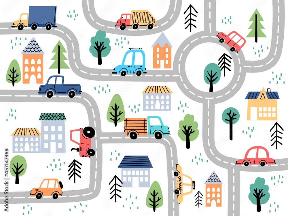 Kids city map with roads and cars for children nursery decor. Village or  town street maze for carpet. Cartoon board game vector background vector de  Stock | Adobe Stock