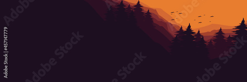 sunset at mountain forest landscape with bird silhouetter flat design vector illustration for wallpaper  background  backdrop design  template design and tourism design template