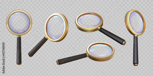 Realistic 3d magnifying glass top and angle view. Magnifier with transparent lens. Magnify lupa, zoom equipment. Search concept vector set