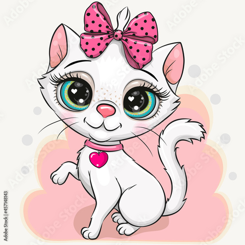 Cartoon white kitten with pink bow