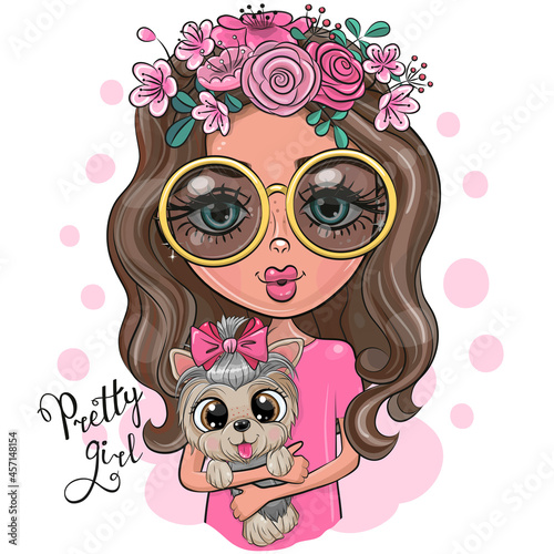 Girl in glasses with flowers holds a Yorkshire terrier in her arms