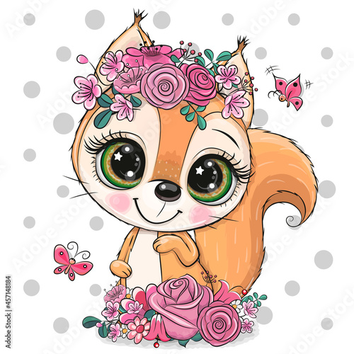 Cartoon squirrel with flowers on a white background