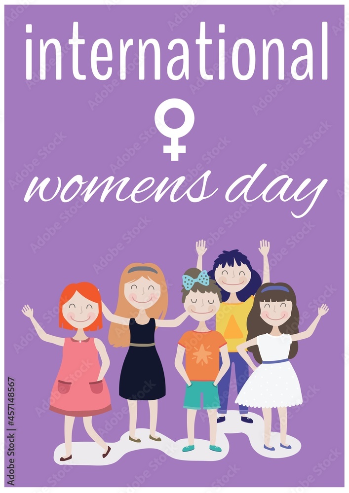 International women's day text and female gender symbol over women icons on purple background