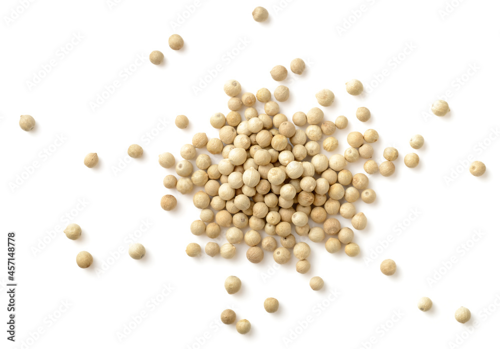 white peppercorns isolated on the white background, top view white peppercorns isolated on the white background, top view
