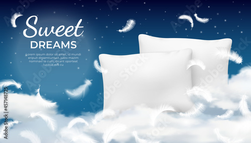 Realistic dream poster with soft pillow, cloud and feathers. Relax, rest and sleep concept with night sky. Cotton cushion vector advertising