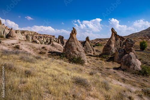 Cappadocia, Turkey - September 1, 2021 – Impressive nature by chimney rock formations and rock pillars of “love Valley” near Goreme, Cappadocia, Nevsehir, Turkey