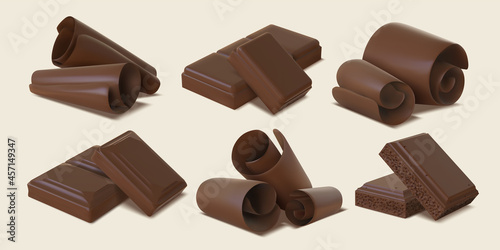 Realistic dark chocolate shavings, flakes, curls and bar pieces. 3d sweet cocoa candy spirals. Bitter or milk chocolate slices vector set