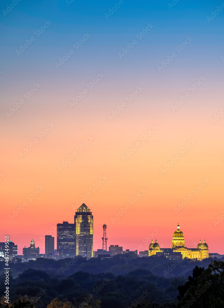 Des Moines Skyline and State Capitol Building at sunset from the Iowa State Fairgrounds, vertical composition, with copy space.