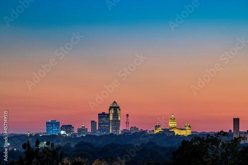 Des Moines Skyline and State Capitol Building at sunset from the Iowa State Fairgrounds, horizontal composition, with copy space.