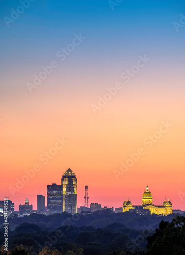 Des Moines Skyline and State Capitol Building at sunset from the Iowa State Fairgrounds, vertical composition, with copy space.