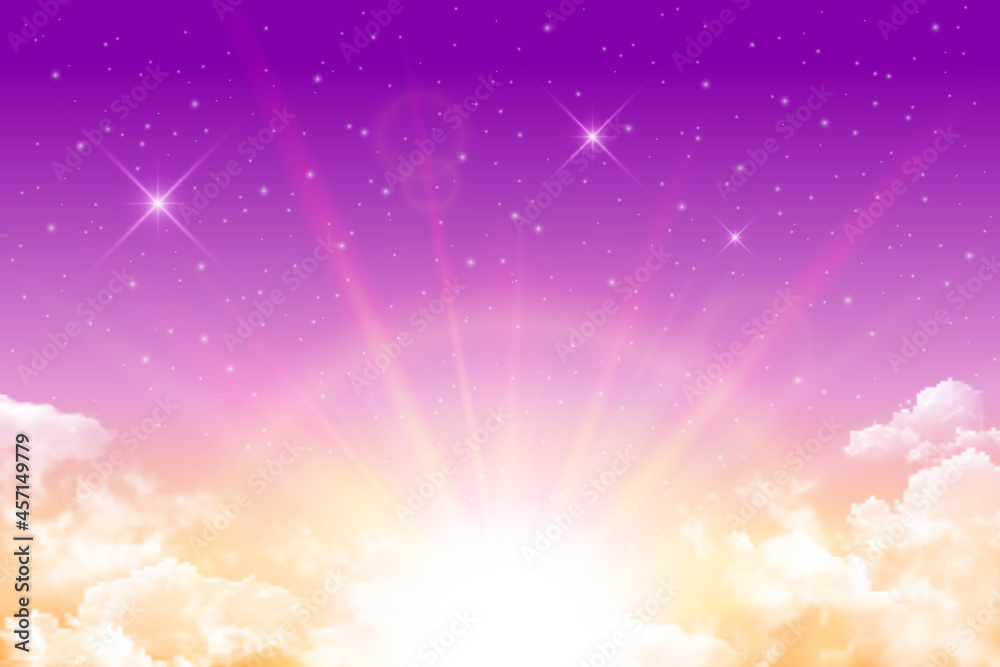 Realistic magic purple sunset on a background of stars and white clouds. Vector background of sunset night sunny sky.