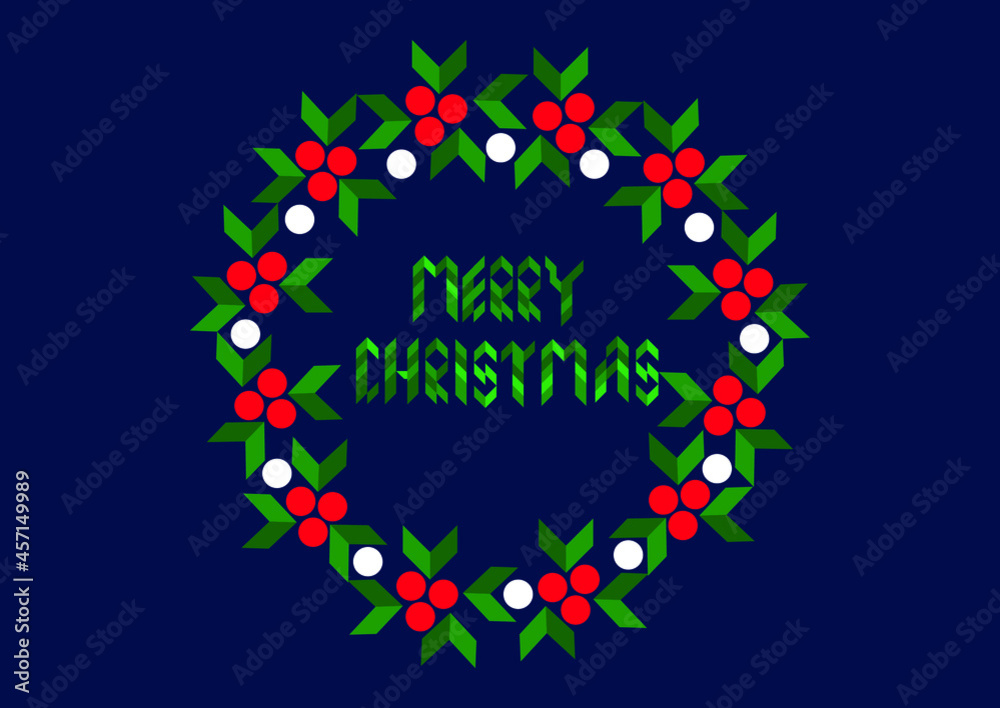 Christmas wreath. Holly. Christmas card. Geometric, Minimal style. Sketch vector illustration.