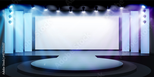 Projection screen on the stage. Free space for advertising. Exhibition in art gallery. Vector illustration. photo
