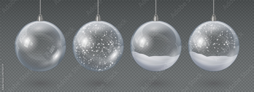 Realistic hanging glass christmas balls empty and with snow. 3d xmas tree decoration, transparent crystal sphere with snowflakes vector set - obrazy, fototapety, plakaty 