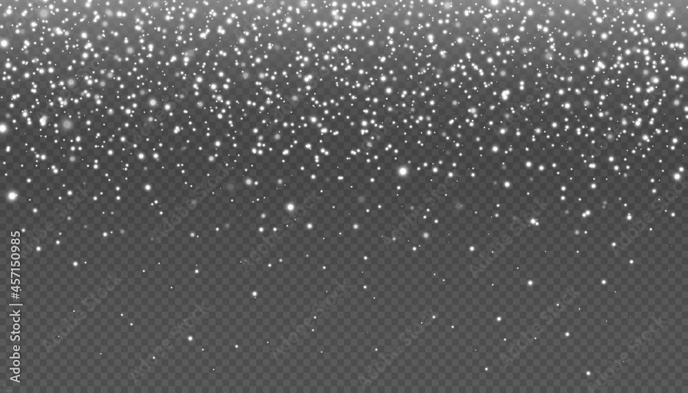 Realistic white winter snowfall, merry christmas night background. Falling snow. Flying snowflakes. Snowy weather transparent vector effect