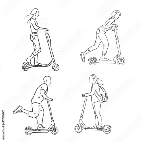 Riding a scooter fast. Kid on skate. Hand drawn. Stickman cartoon. Doodle sketch, Vector graphic illustration