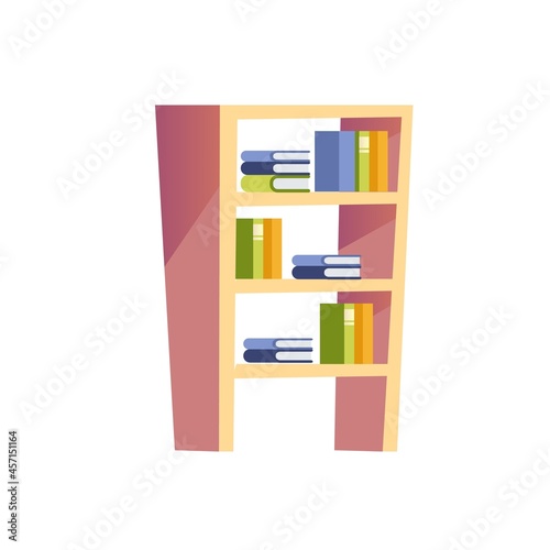 Vector flat cartoon books on bookcase stand isolated on empty background-furniture and interior elements,reading and learning concept,web site banner ad design