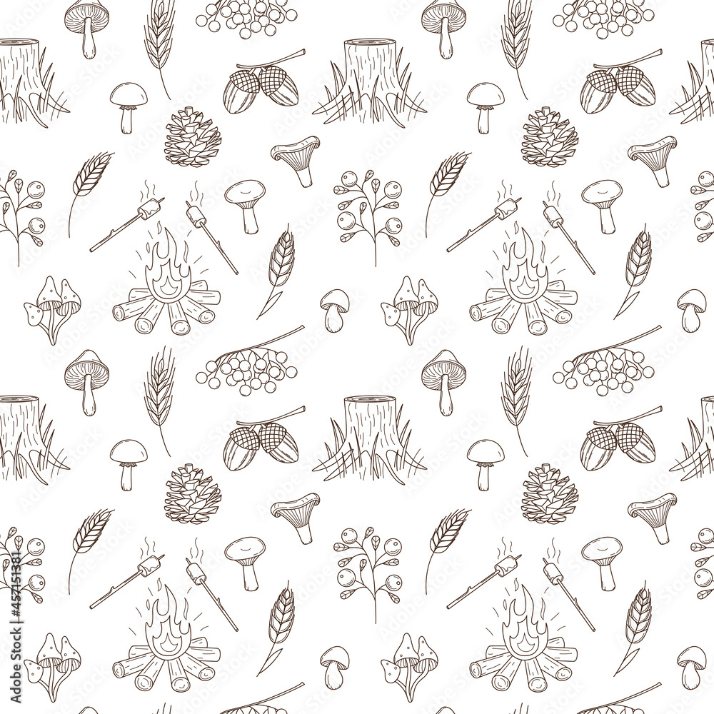 Fototapeta premium Seamless pattern with autumn, forest harvest. Pine cone, mushrooms, bonfire, stump, berry, marshmallow, acorns. Monochrome backdrop with linear outline doodle elements. Black white vector pattern