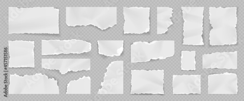 Realistic torn white paper pieces, rips, scraps and stripes. Notebook blank tear page. Shredded sheet squares. Ragged note paper vector set