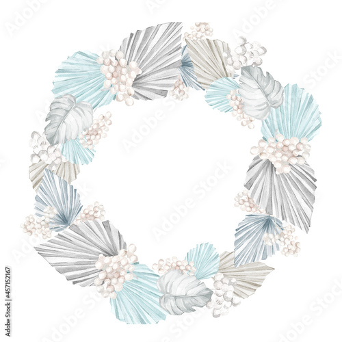 White and blue floral wreath with watercolor bohemian tropical twigs, dried palm leaves, pampas grass, orhid. Round frame for wedding invite, chrismas card, bridal shower, baby shower. photo