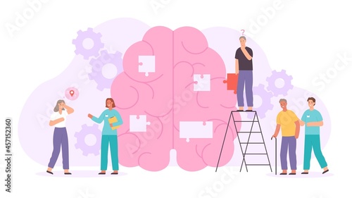 Alzheimer or dementia disease concept with elder characters and doctors. Flat human brain with lost memory. Neurology disorder vector poster