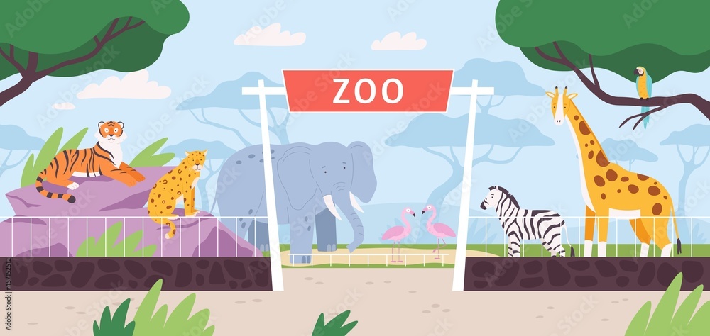 Fototapeta premium Cartoon zoo park entrance gate with savannah and jungle animals. Flat safari landscape with zebra, african elephant and giraffe vector scene
