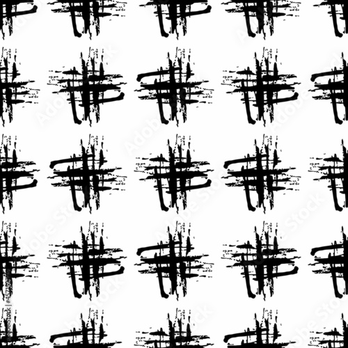 Vector Cross Brush Seamless Pattern Grange Minimalist Plus Geometric Design in Black Color. Modern Grung Collage Background for kids fabric and textile