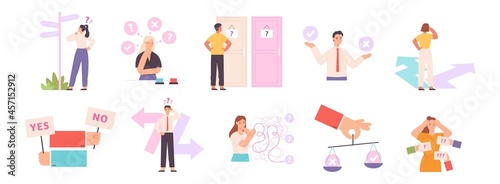 Thinking people choose path or option, make decision concept. Confusion person choosing button, pathway or door. Business dilemma vector set photo