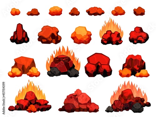 Cartoon burning bonfire with hot charcoal pieces for barbecue. Wood coal pile with flame for grill or bbq. Red heat coal for oven vector set