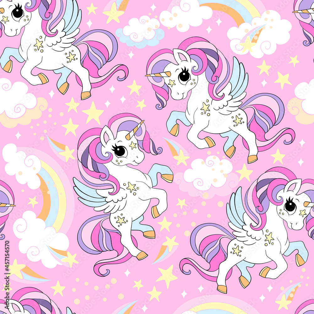 Vector seamless pattern with little magic unicorns