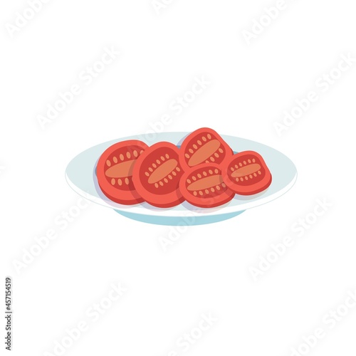 Vector cartoon flat tomato slices on plate isolated on empty background-balanced diet,healthy eating and food cooking concept,web site banner ad design