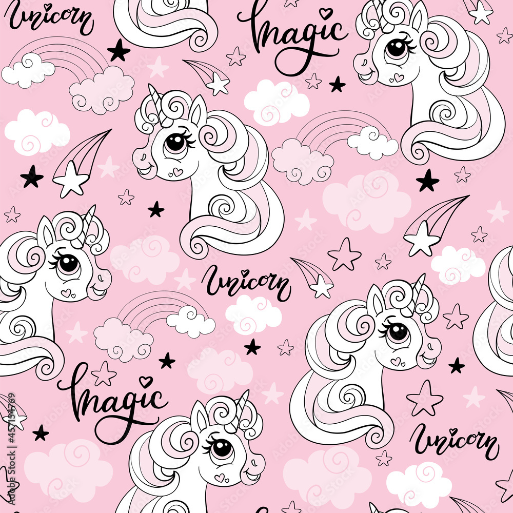 Vector seamless pattern with cute monochrome unicorns