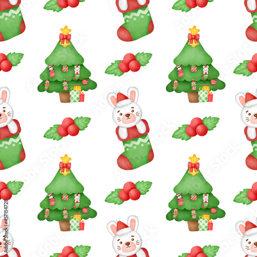 Watercolor Happy Christmas seamless patterns .