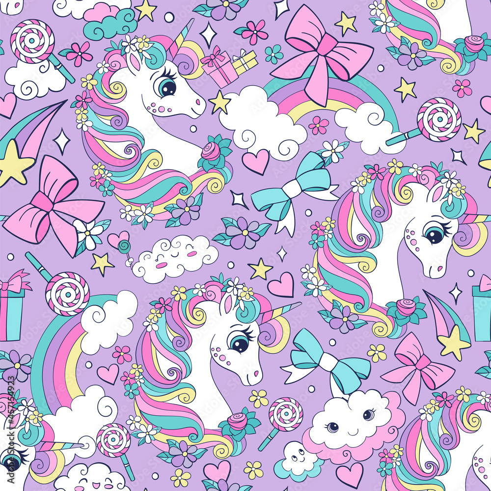 Fototapeta premium Vector seamless pattern with cute unicorns and magic elements