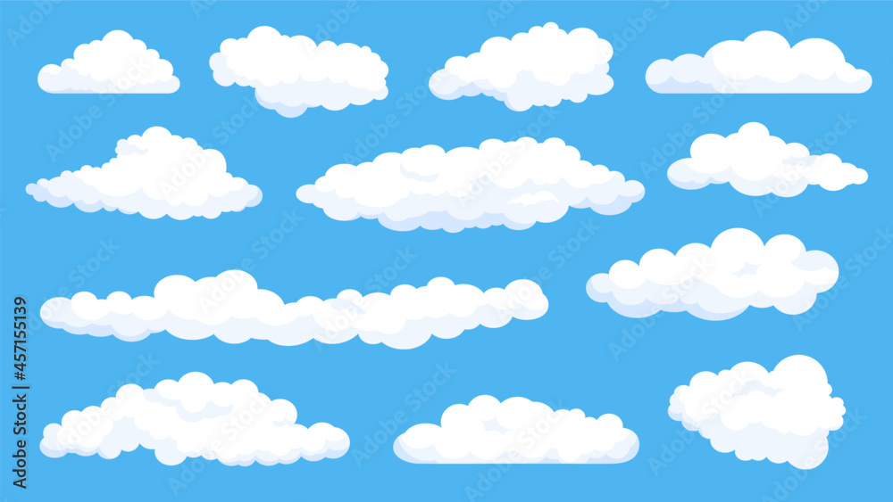 Cartoon fluffy white clouds on summer blue sky. Cloudy weather comics elements. Simple flat abstract cloud shape for game or logo vector set - obrazy, fototapety, plakaty 