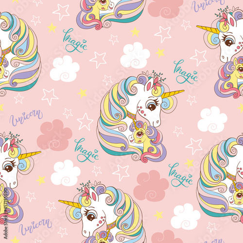 Vector seamless pattern with cute mom and baby unicorns