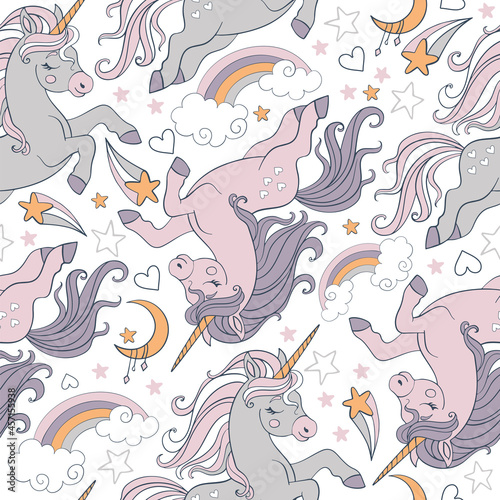 Vector seamless pattern with dreaming pink unicorns