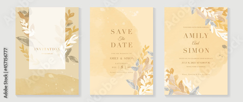 Luxury wedding invitation card background  with golden line art flower and botanical leaves, Organic shapes, Watercolor. Abstract art background vector design for wedding and vip cover template.