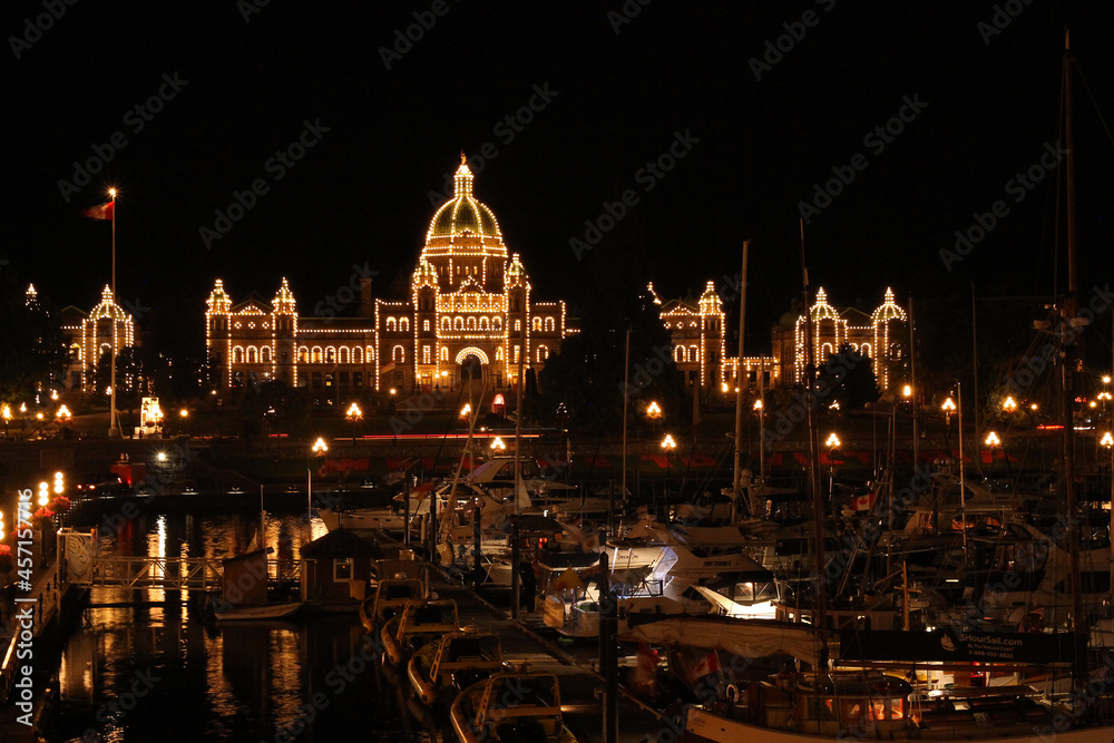 The spectacular parliament building illuminated at night in Victoria