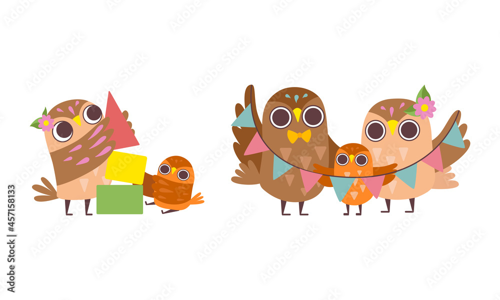 Happy Owl Family with Father, Mother and Baby Holding Garland and Playing with Toy Bricks Vector Set