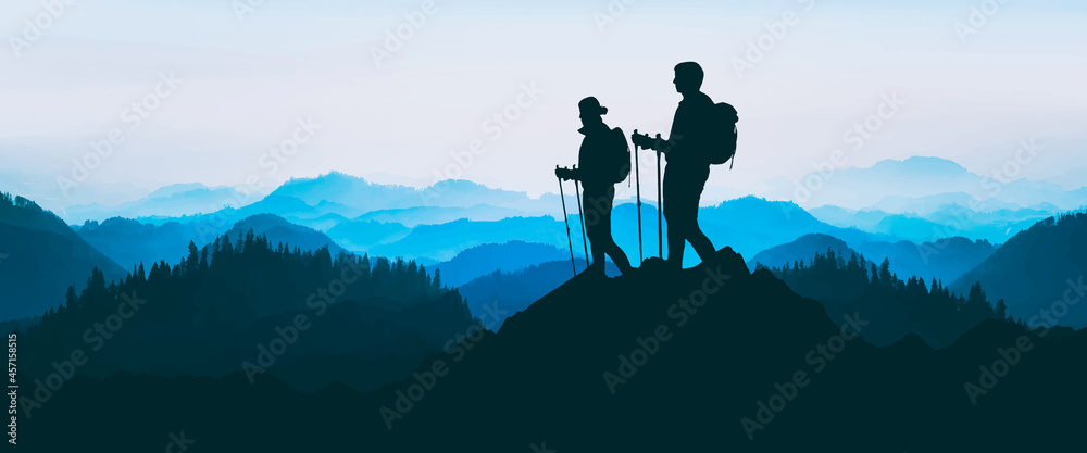 Blue landscape background banner panorama illustration vector drawing - Breathtaking view with black silhouette of mountains, hills, forest. and two hikers ( woman and man hiking ) - obrazy, fototapety, plakaty 