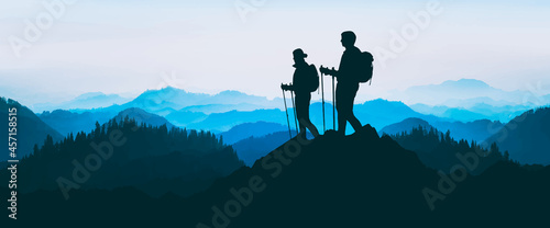 Photo Blue landscape background banner panorama illustration vector drawing - Breathtaking view with black silhouette of mountains, hills, forest