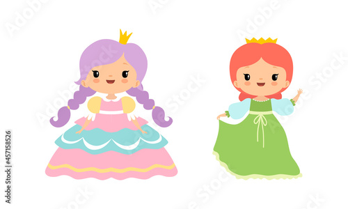 Little Princess with Golden Crown and Pretty Dress Standing and Waving Hand Vector Set