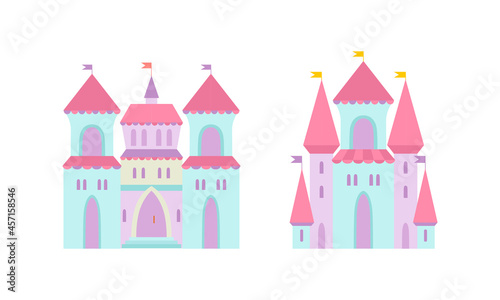 Princess Castle and Fortress with Tall Towers and Flags Vector Set