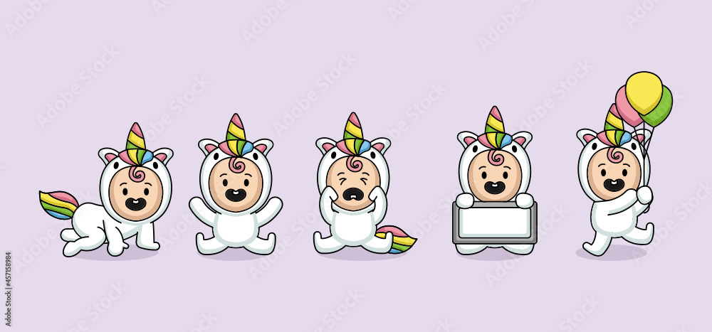 Set of cute kids with unicorn mascot logo design Set of cute kids with unicorn mascot logo design