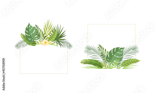 Square Shaped Frame with Green Tropical Leaves and Jungle Foliage Vector Set