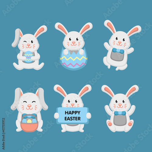 Set of easter bunny mascot, holding easter egg