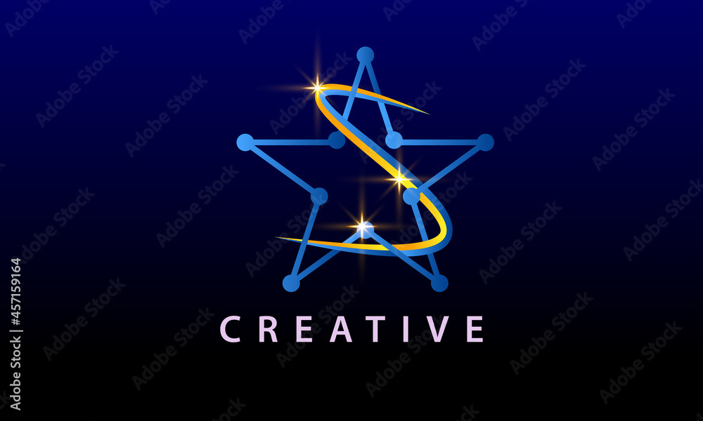 Gold sparkling blue stars on dark background with light effect Gold sparkling blue stars on dark background with light effect